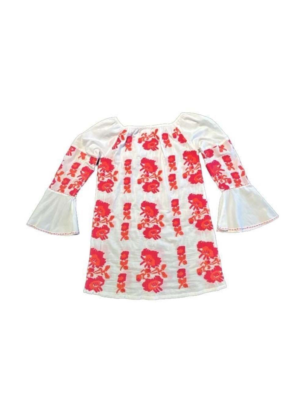 Nimo with Love Pink and Orange Floral Embroidered Bell Sleeve Cotton Mini Dress